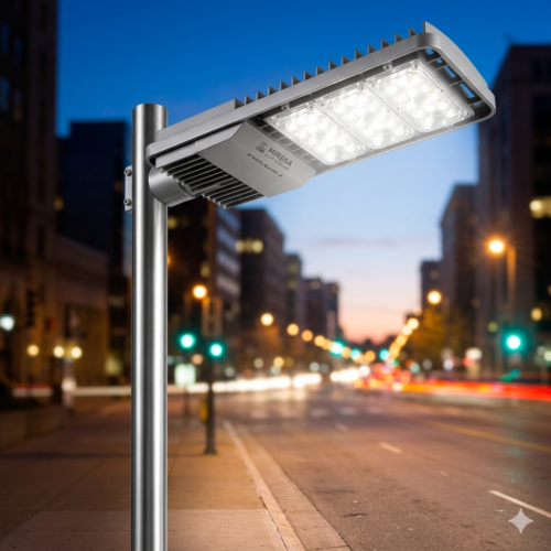 luminaria-led-iluminacao-publica-miresa-avenida-paulista Fotografia em close-up de uma luminária LED moderna de iluminação pública da marca Miresa. O poste de metal prateado está em primeiro plano, com a luz LED acesa emitindo um brilho branco brilhante. O fundo mostra uma rua da cidade desfocada (bokeh) ao anoitecer, com luzes de tráfego urbanas, simbolizando a Avenida Paulista na Bela Vista, São Paulo.