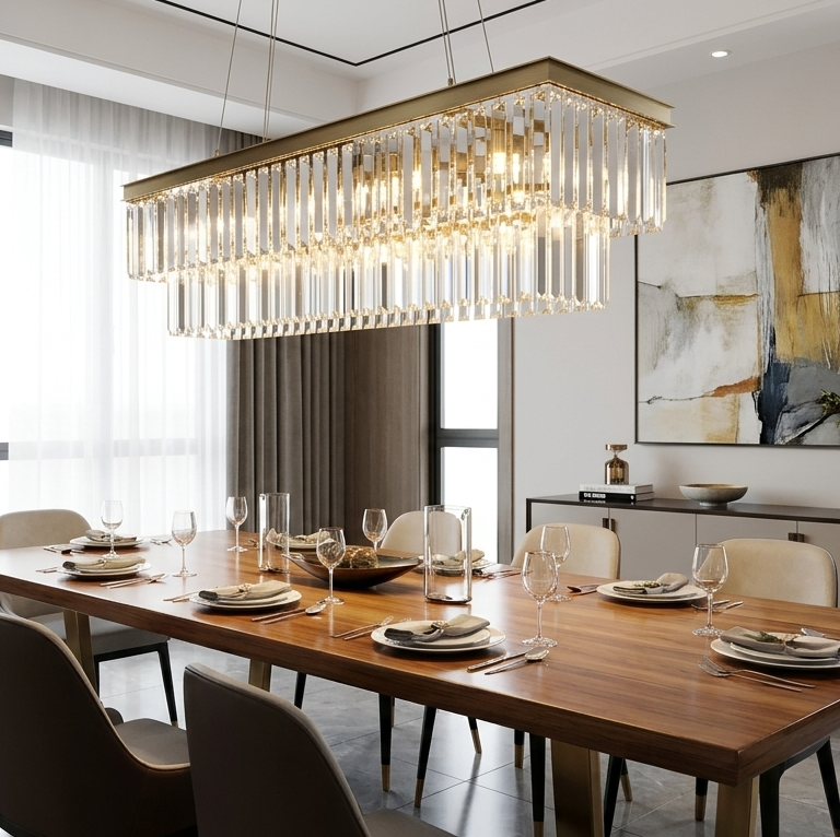 Um lustre retangular moderno com cristais e acabamento em latão pendurado sobre uma mesa de jantar de madeira em uma sala de jantar elegante e bem iluminada.