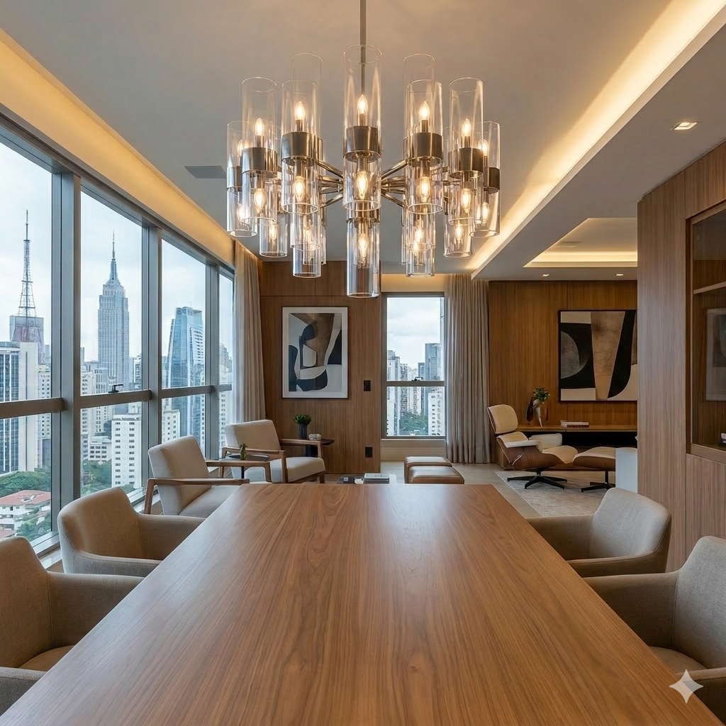 Foto de uma sala de jantar de luxo em São Paulo com um grande lustre moderno, vista da cidade pelas janelas e um livro físico sobre a mesa com o título 'O GUIA DE LUMINÁRIAS COM TENDÊNCIAS PARA VALORIZAR SEU IMÓVEL EM SÃO PAULO'.