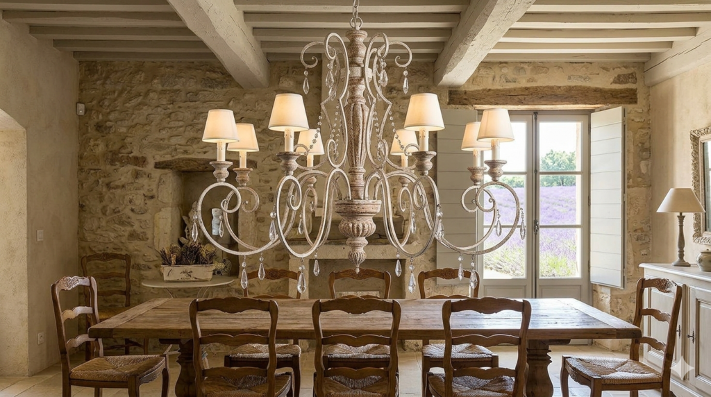 Lustre provençal de oito braços com acabamento envelhecido, cúpulas de tecido bege e cristais pendentes, centralizado em uma sala de jantar rústica com paredes de pedra e vista para campos de lavanda.