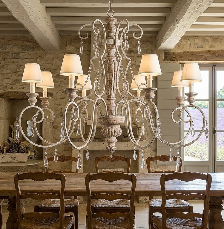 Lustre provençal de oito braços com acabamento envelhecido, cúpulas de tecido bege e cristais pendentes, centralizado em uma sala de jantar rústica com paredes de pedra e vista para campos de lavanda.
