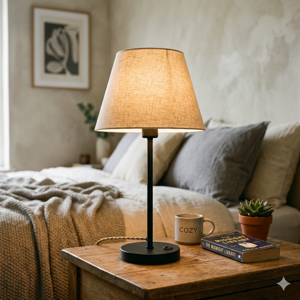 Foto fotorrealista de uma luminária de mesa de metal preto com cúpula de linho texturizado acesa, sobre uma mesa de cabeceira de madeira rústica, em um quarto aconchegante com cama arrumada, livro "The Midnight Library", caneca "COZY" e uma suculenta, com iluminação quente e suave. Loja virtual Miresa São Paulo