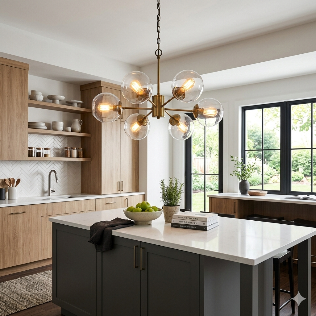 Uma fotografia de uma cozinha moderna e bem iluminada com um lustre pendente de metal dourado e globos de vidro suspenso sobre uma ilha de cozinha cinza escura com bancada branca.
