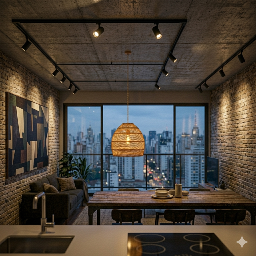 Trilho eletrificado preto fosco instalado em teto de concreto aparente em Loft industrial em São Paulo.