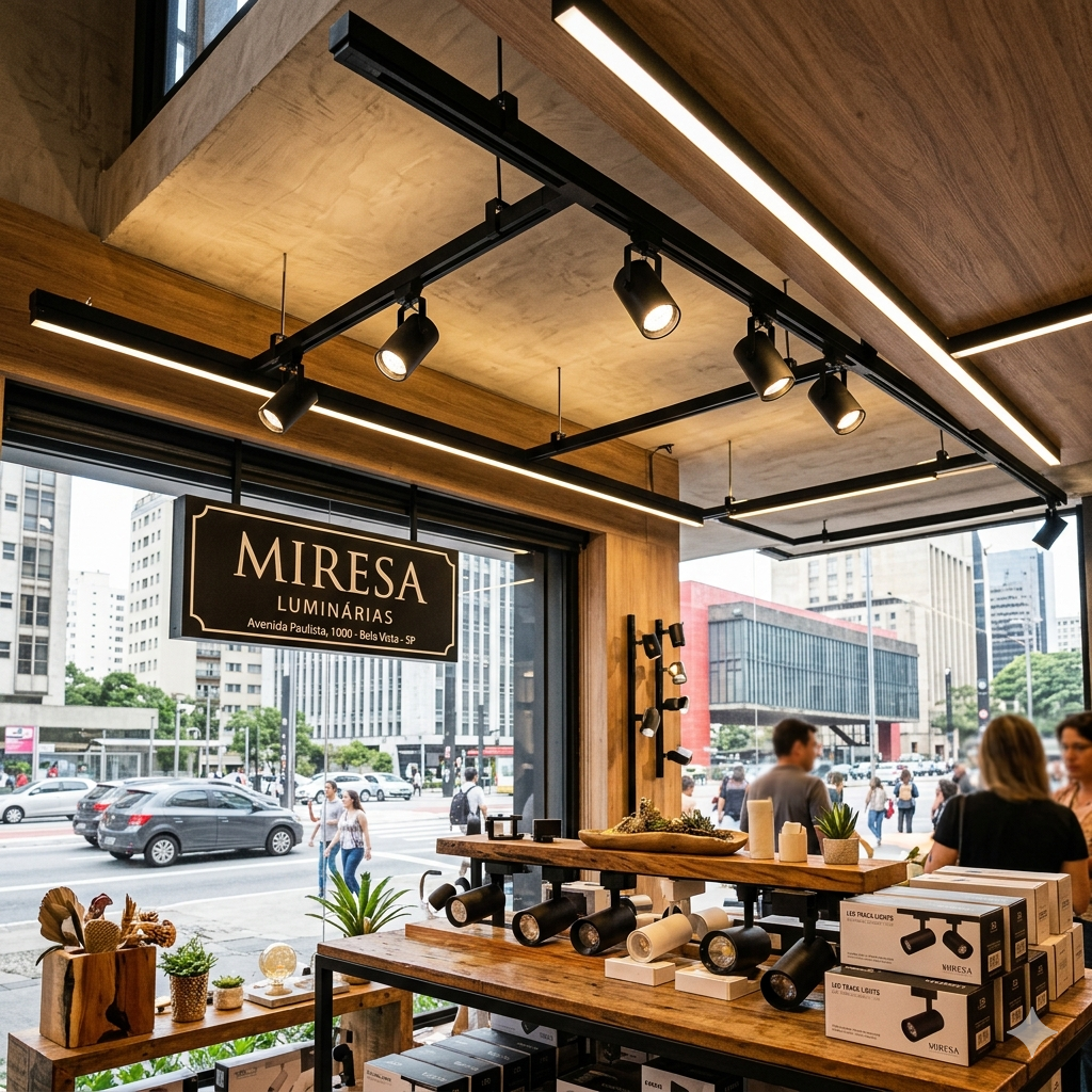 Foto do interior da loja Miresa Luminárias, localizada na Avenida Paulista, Bela Vista, São Paulo. A imagem exibe uma vitrine moderna com uma placa de identificação preta e dourada com a logomarca da loja e endereço. No teto, há um sistema de iluminação de trilho preto com vários spots de LED cilíndricos acoplados, e fitas de LED embutidas em painéis de madeira. Em primeiro plano, mesas de madeira exibem diferentes modelos de spots de LED, vasos de suculentas e caixas de produtos. Através da vitrine, vê-se a calçada movimentada da Avenida Paulista com pedestres e prédios urbanos ao fundo.
