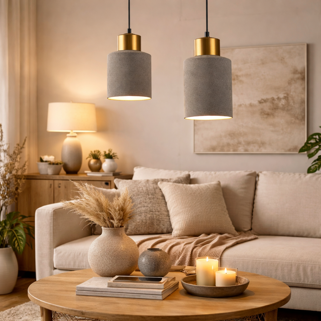 luminarias de cimento modernas pendentes em concreto design industrial sala de estar sofisticada iluminacao decorativa - Miresa melhor loja de iluminação e luminárias em São Paulo