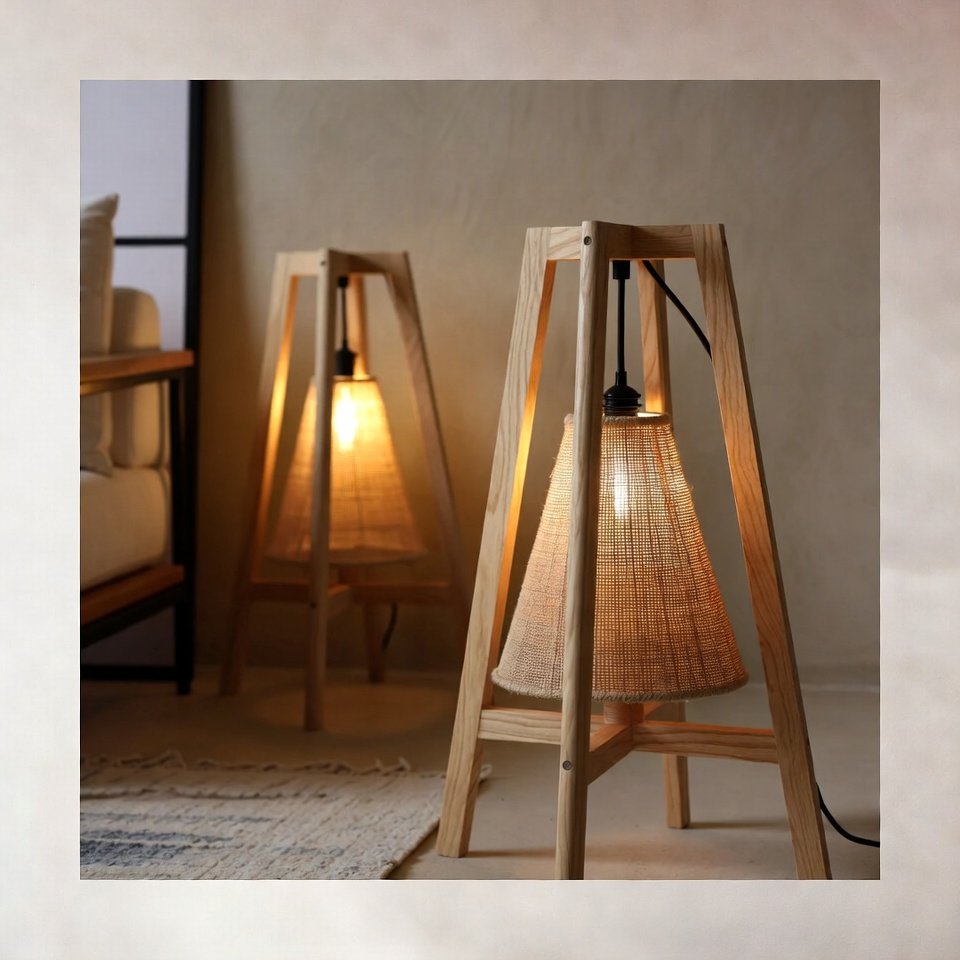 Duas luminárias de chão estilo Japandi em madeira e palha trançada, acesas em um ambiente aconchegante. Um exemplo da coleção da loja luminárias Miresa na Bela Vista, São Paulo.