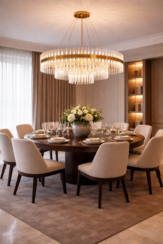 Lustre de cristal dourado sobre mesa redonda de madeira em sala de jantar moderna com cadeiras estofadas e decoração sofisticada.