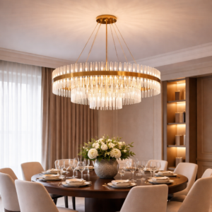 Lustre de cristal dourado sobre mesa redonda de madeira em sala de jantar moderna com cadeiras estofadas e decoração sofisticada.