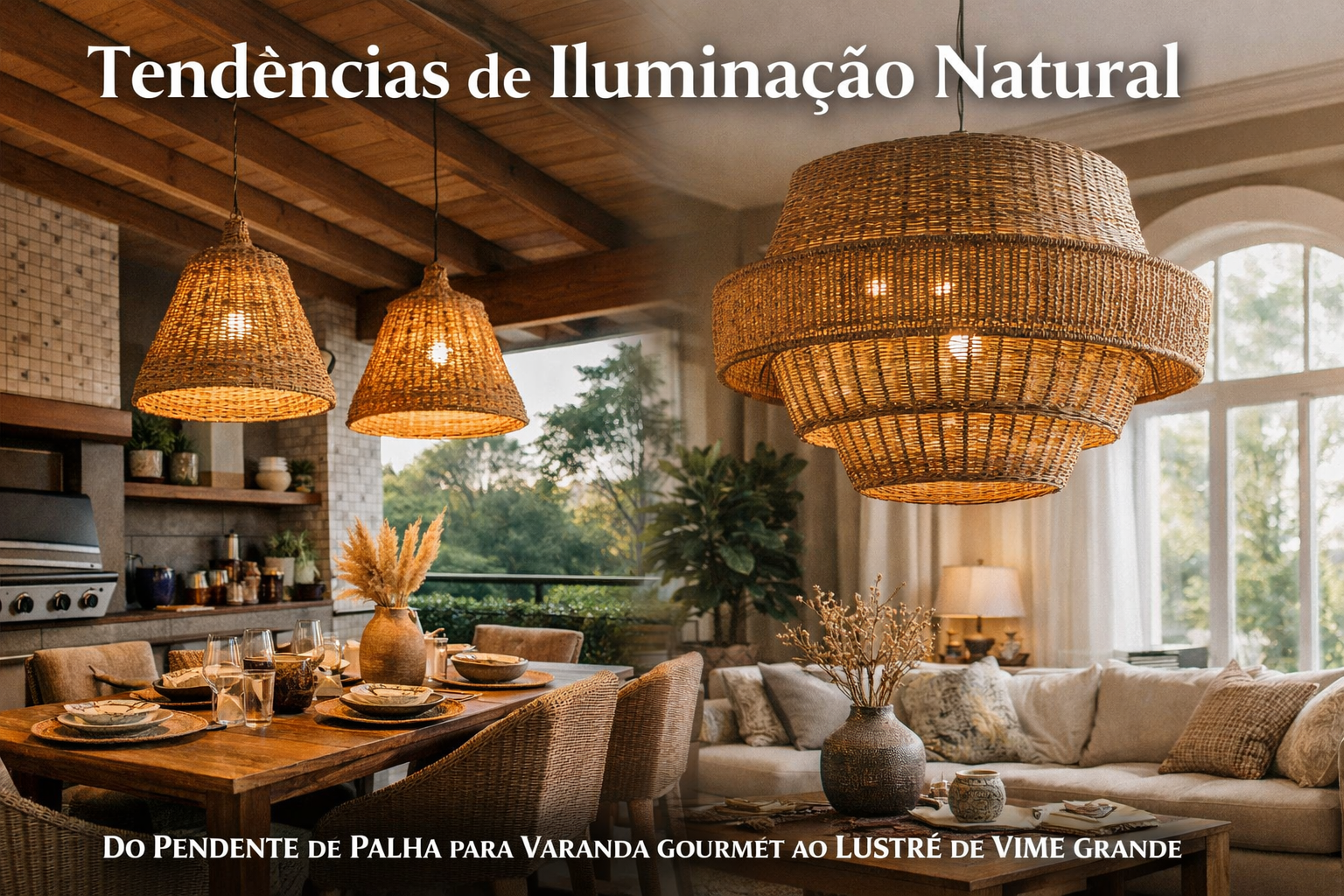 Decoração de sala de jantar e varanda gourmet integrada em São Paulo, destacando tendências de iluminação natural com múltiplos pendentes de palha e um grande lustre de vime artesanal ao pôr do sol.