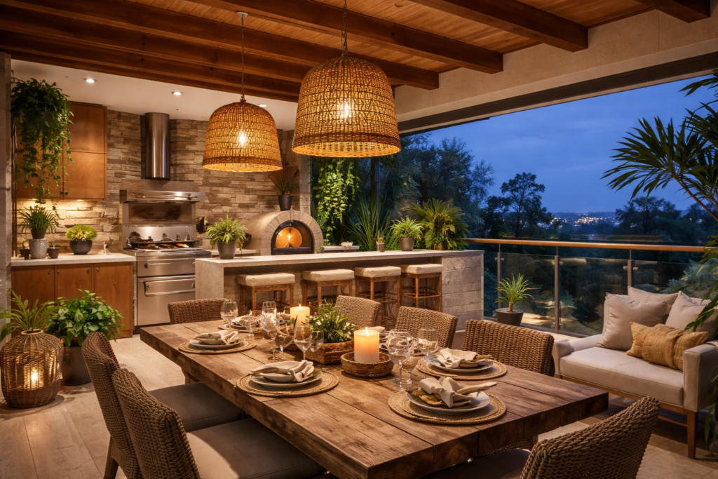 Varanda gourmet com mesa de madeira, cadeiras de fibra e luminárias rústicas pendentes em ambiente aconchegante.