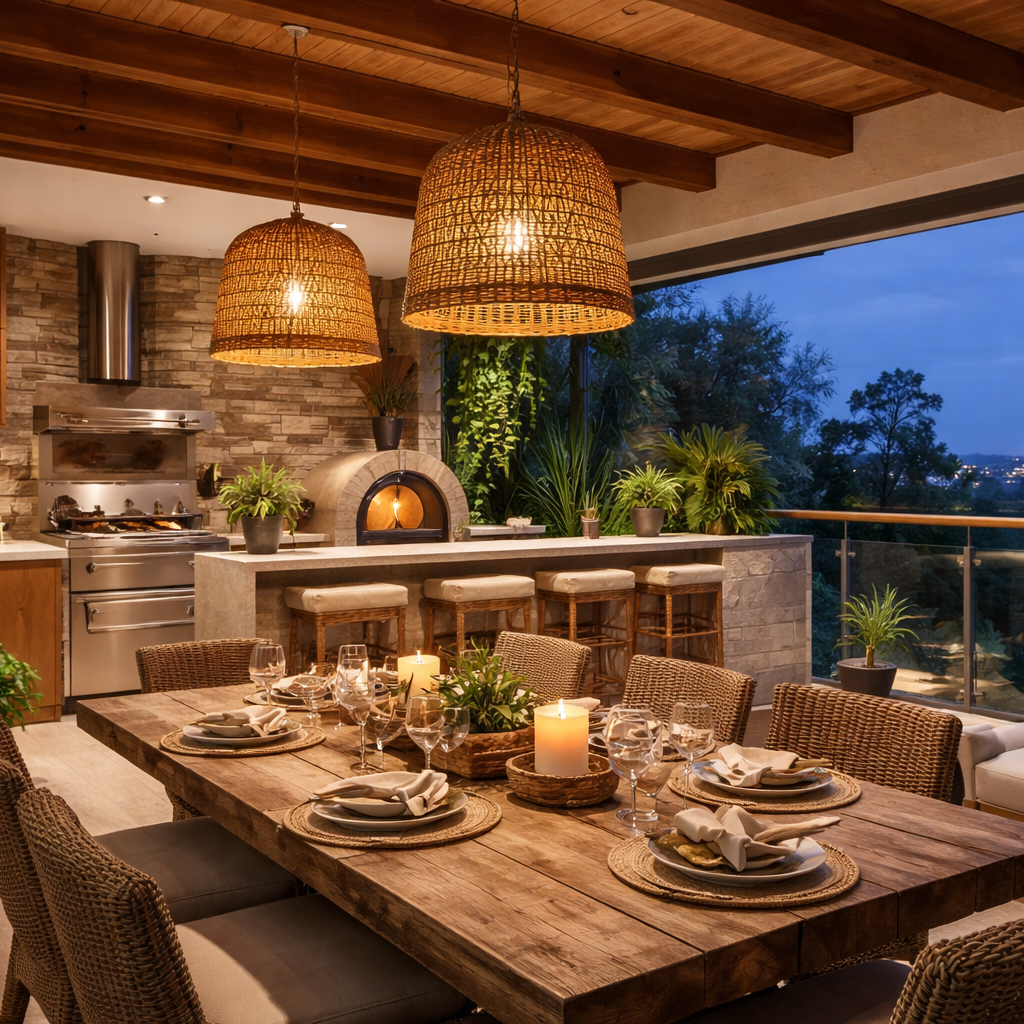Varanda gourmet com mesa de madeira, cadeiras de fibra e luminárias rústicas pendentes em ambiente aconchegante.