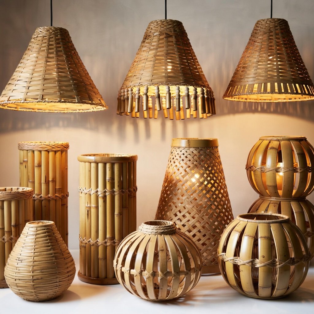 Uma coleção de luminárias de bambu rústicas e modernas suspensas e dispostas em uma mesa com luz quente.