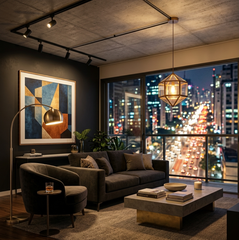 Como Escolher Luminária para Sala: O Guia Definitivo 2026 para Apartamentos e Casas de Alto Padrão 6 Como escolher luminária para sala de estar de alto padrão em São Paulo com camadas de luz quente.
