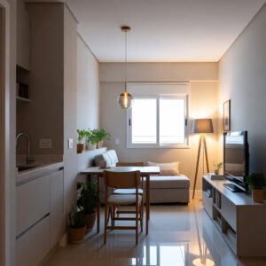 Lustre pendente de vidro esférico sobre mesa de jantar em apartamento compacto com sala e cozinha integradas e decoração com plantas