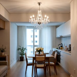 Lustre de cristal clássico estilo candelabro instalado sobre mesa de jantar de madeira em ambiente integrado com cozinha branca e decoração contemporânea.