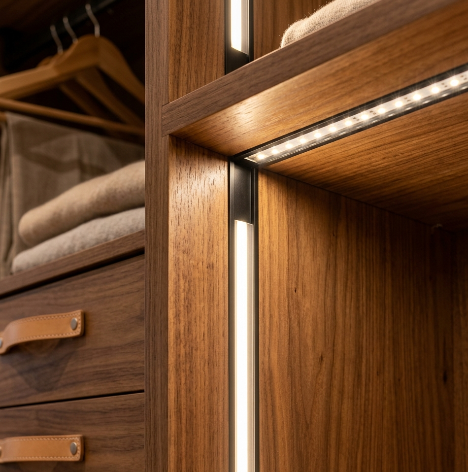 Close-up comparativo entre fita de LED comum com pontos visíveis e fita de LED COB com luz contínua em prateleira de madeira escura.