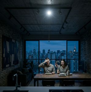 Exemplo de erro comum de iluminação na sala de jantar com luz muito fria e sombras pesadas.