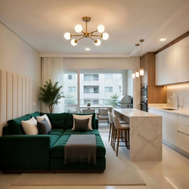 Vista de sala de estar e cozinha integradas em apartamento moderno, com sofá de veludo verde, bancada de mármore e lustre sputnik dourado no teto.