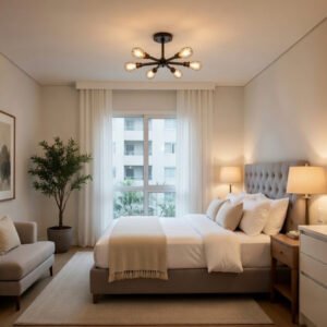 Luminária de teto tipo plafon industrial preto com seis braços e lâmpadas de filamento aparentes em quarto de casal decorado em tons neutros.