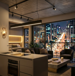 Iluminação estratégica para Studio pequeno em São Paulo com pendente linear sobre balcão de cozinha.