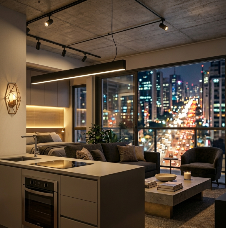 Iluminação estratégica para Studio pequeno em São Paulo com pendente linear sobre balcão de cozinha.