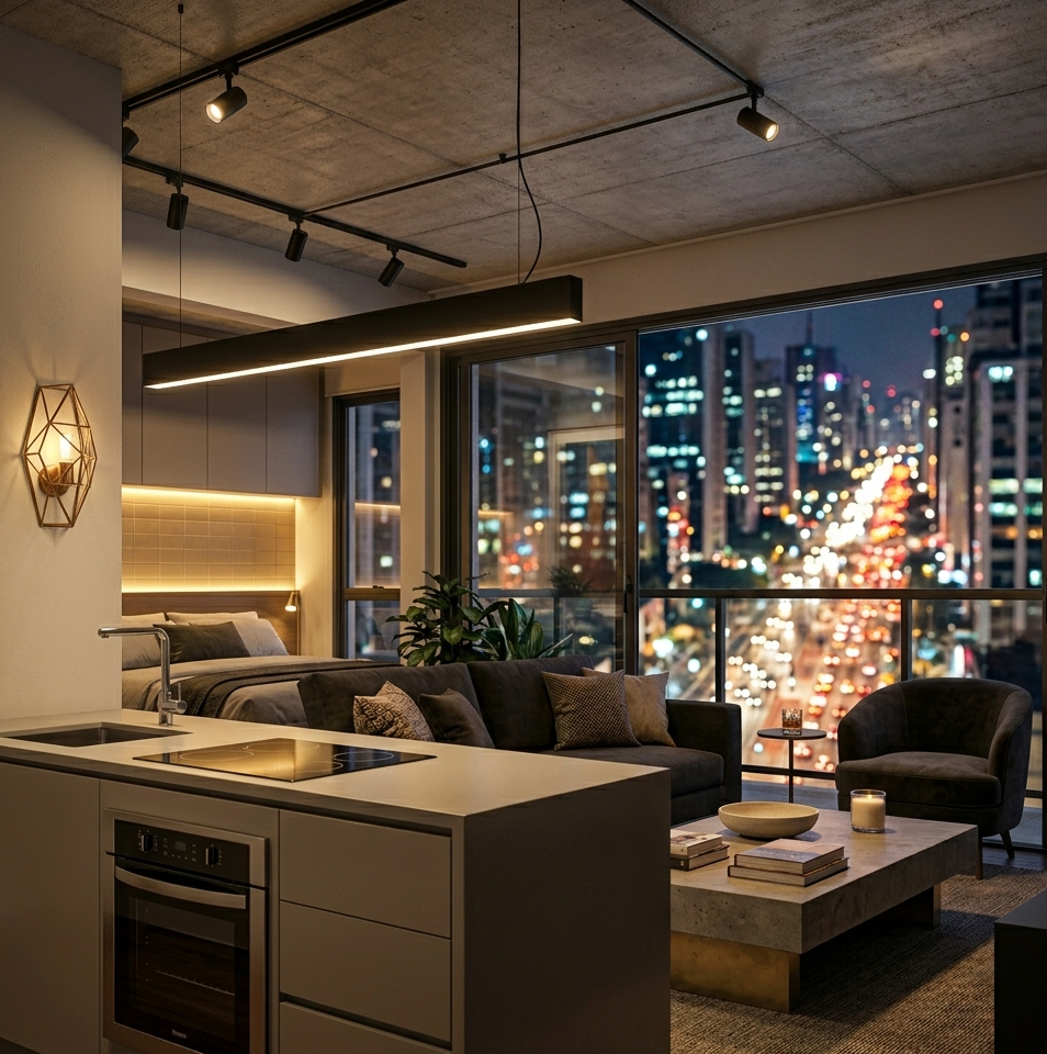 Iluminação estratégica para Studio pequeno em São Paulo com pendente linear sobre balcão de cozinha.