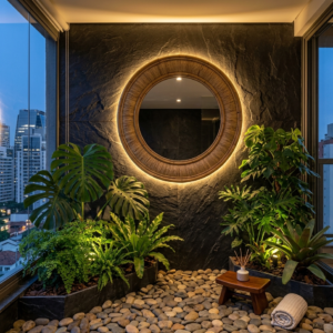 Espelho com moldura de fibra natural iluminado por LED indireto em ambiente com plantas e pedras, estilo design biofílico.