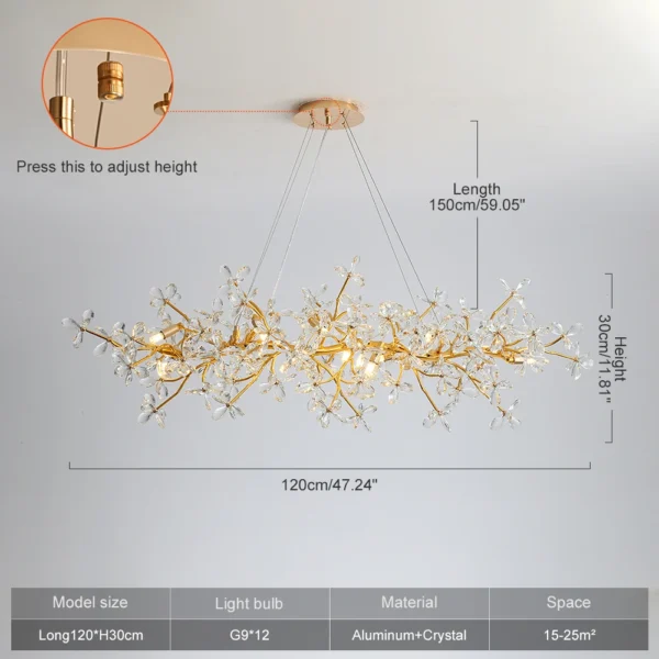 kf-S0f26eb8e3ba74442ad673a9c576c6cddR Lustre Pendente Moderno Dourado com Cristais em Formato de Flores e Galhos, Ideal para Sala de Jantar, Estar e Escritório