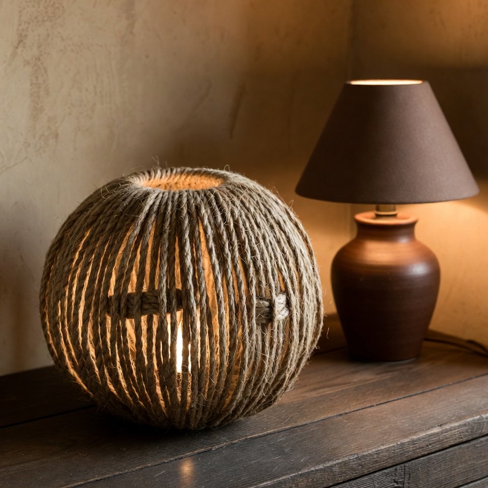 Uma luminária esférica rústica feita de cordas de sisal tecidas ao lado de um abajur de mesa de cerâmica marrom aceso em uma mesa de madeira.