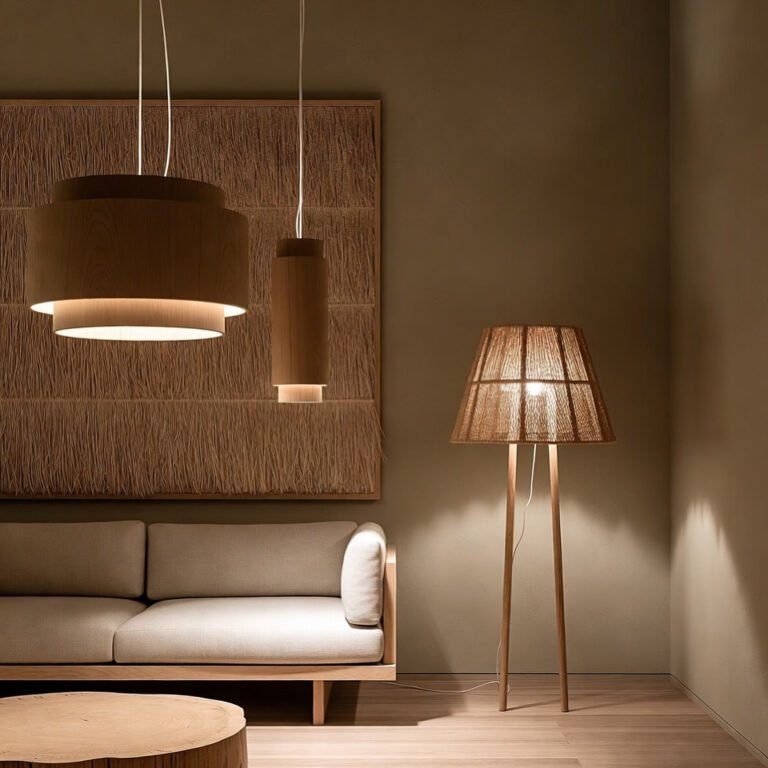 Foto de um interior Japandi com dois pendentes de madeira da luminária de lustres Miresa e uma luminária design Japandi de tripé de corda, sobre um sofá minimalista.