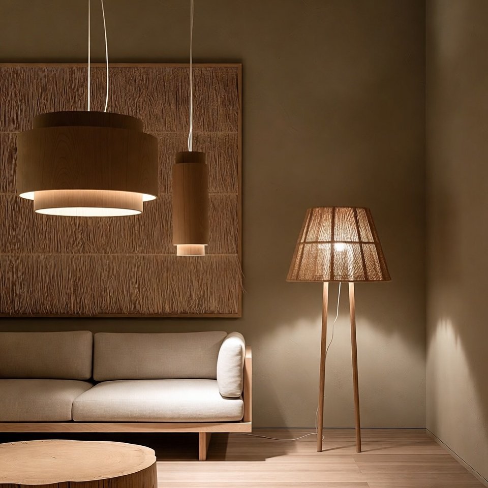 Foto de um interior Japandi com dois pendentes de madeira da luminária de lustres Miresa e uma luminária design Japandi de tripé de corda, sobre um sofá minimalista.