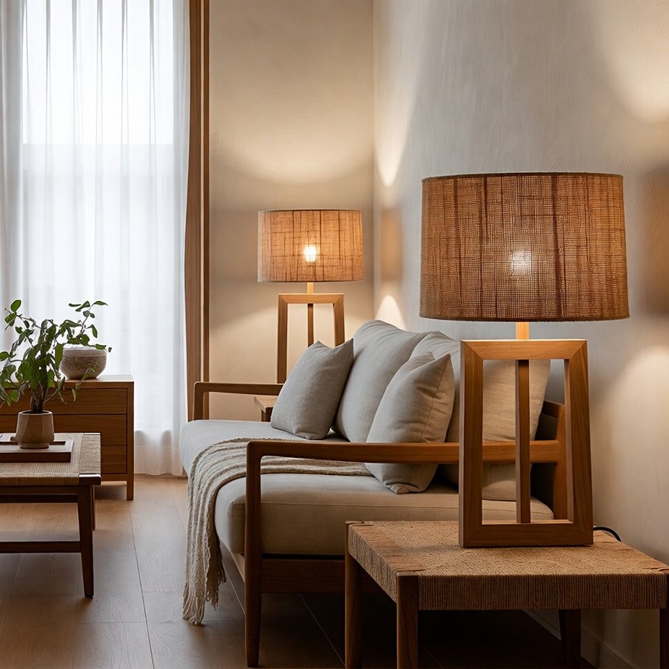 Duas luminárias de mesa com bases de madeira e cúpulas de juta acesas, em uma sala de estar com sofá de linho bege e móveis de madeira estilo Japandi