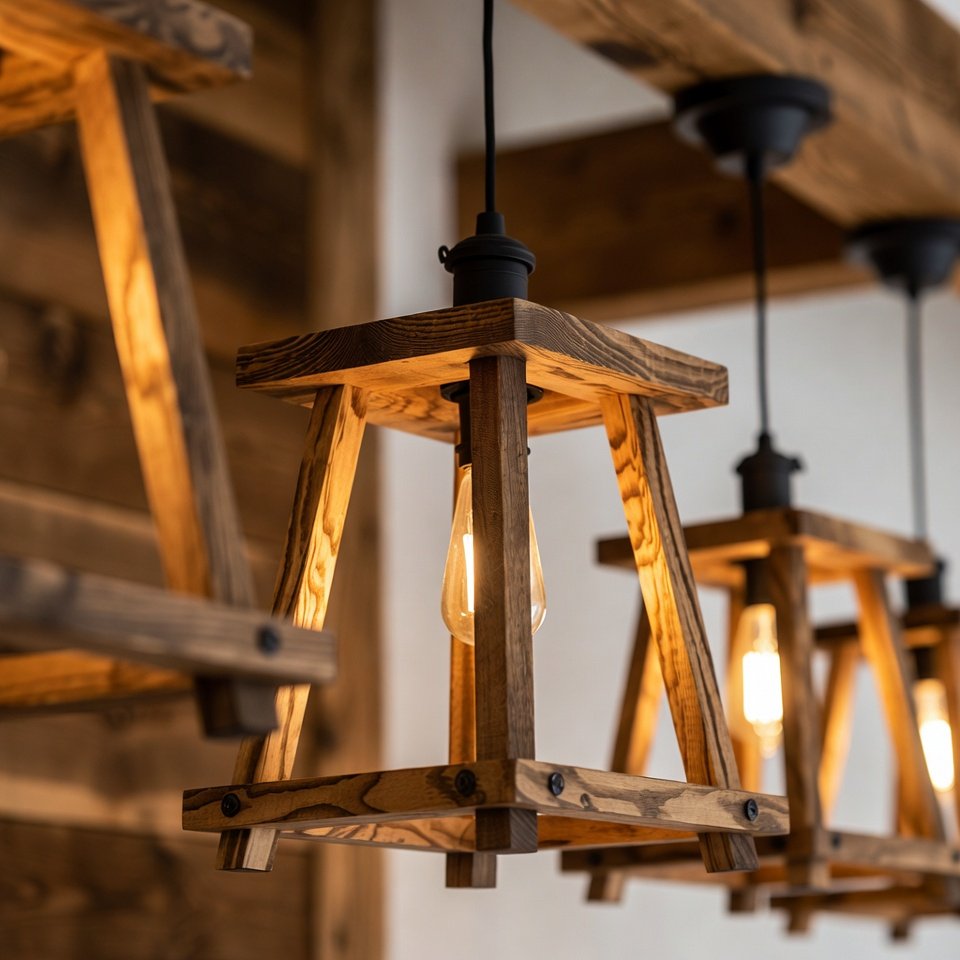 Conjunto de três luminárias pendentes feitas de ripas de madeira rústica com lâmpadas de filamento acesas em ambiente decorado.