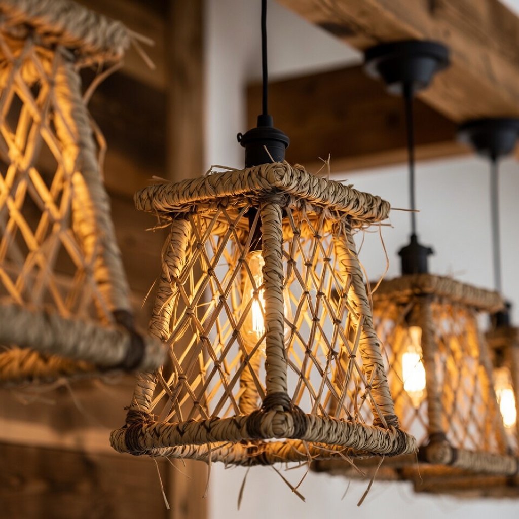 Três luminárias pendentes rústicas feitas de corda trançada e palha natural penduradas em vigas de madeira com luz quente acesa.
