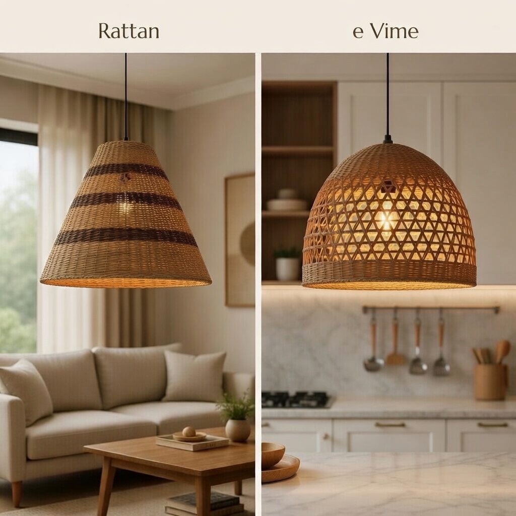 Comparação de luminárias pendentes em rattan e vime: a de rattan em sala de estar, a de vime em cozinha moderna