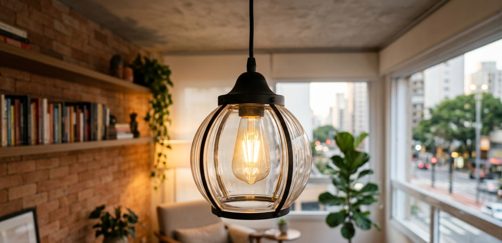 Lustre pendente de vidro vintage com lâmpada LED de filamento branca quente, ideal para decoração de salas de estar modernas. Imagem de referência da Miresa, a melhor loja de iluminação na Avenida Paulista, São Paulo.