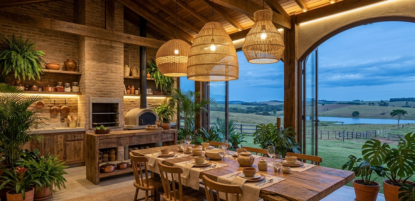Decoração de sala de jantar e varanda gourmet integrada em São Paulo, destacando tendências de iluminação natural com múltiplos pendentes de palha e um grande lustre de vime artesanal ao pôr do sol.