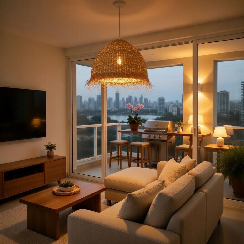 Pendente de palha natural iluminando varanda gourmet em apartamento em São Paulo com decoração moderna e iluminação natural – Miresa
