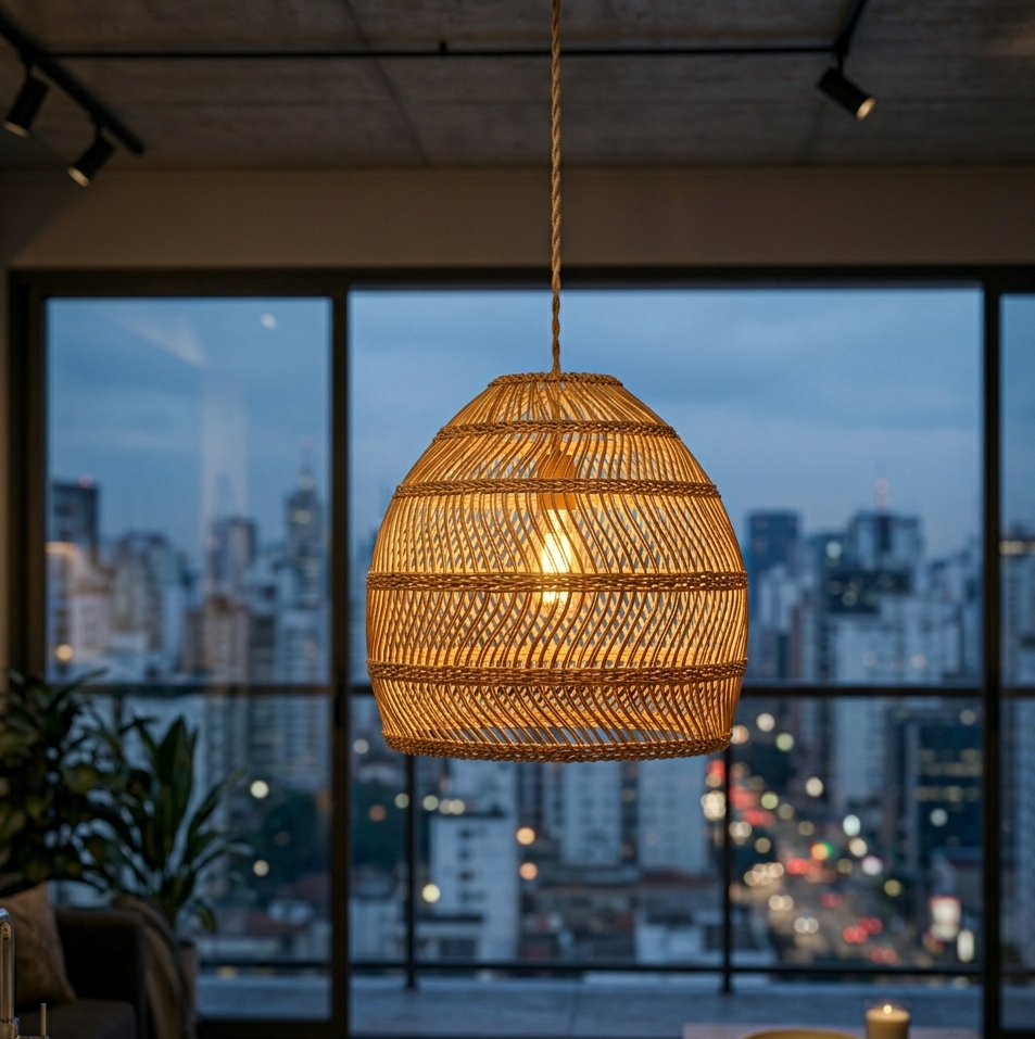 Pendente de rattan artesanal com luz quente em apartamento sofisticado em São Paulo (Design Biofílico).