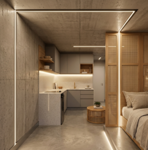 Perfil de LED slim instalado em formato de L no teto e parede de um studio compacto de 25m² em Pinheiros, ampliando o ambiente.