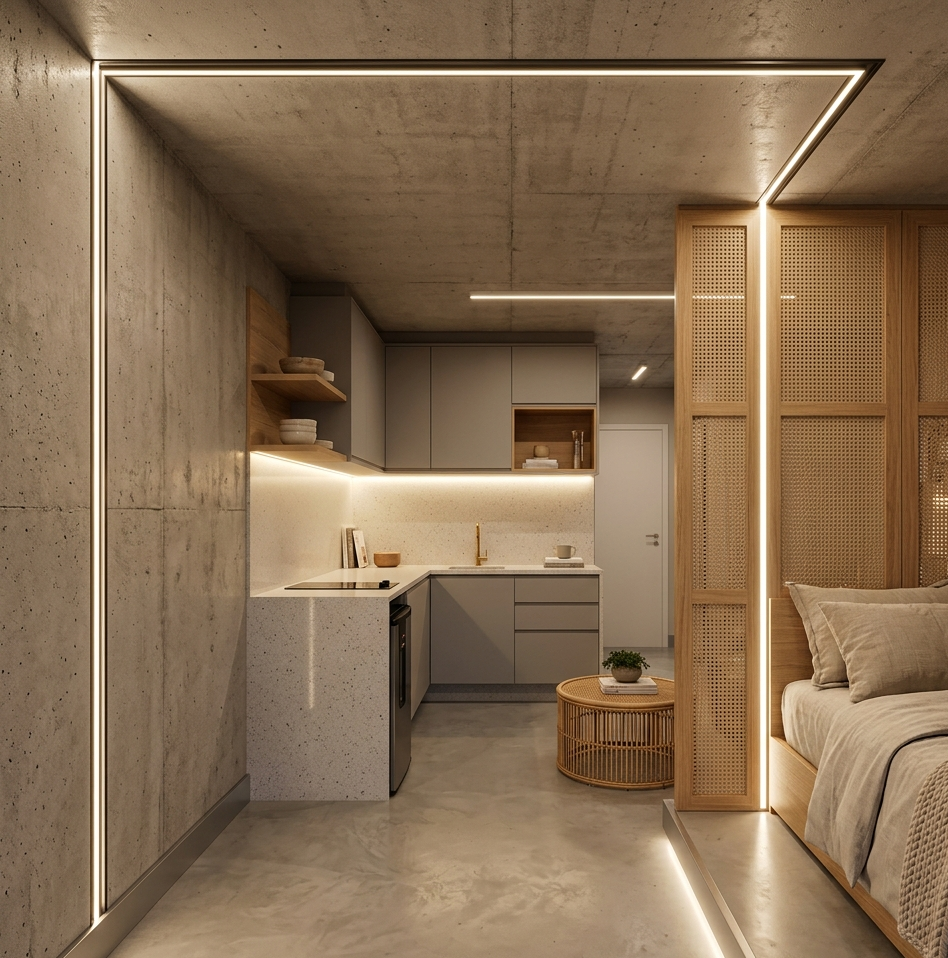 Perfil de LED slim instalado em formato de L no teto e parede de um studio compacto de 25m² em Pinheiros, ampliando o ambiente.