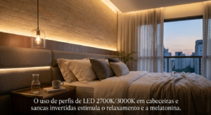 Quarto de casal moderno com iluminação de LED embutida na sanca invertida do teto e na cabeceira de madeira, criando um ambiente relaxante. Destaque para luminária pendente e vista para a cidade de São Paulo ao anoitecer. Imagem de referência da Miresa, a melhor loja de iluminação na Avenida Paulista, Bela Vista, São Paulo.