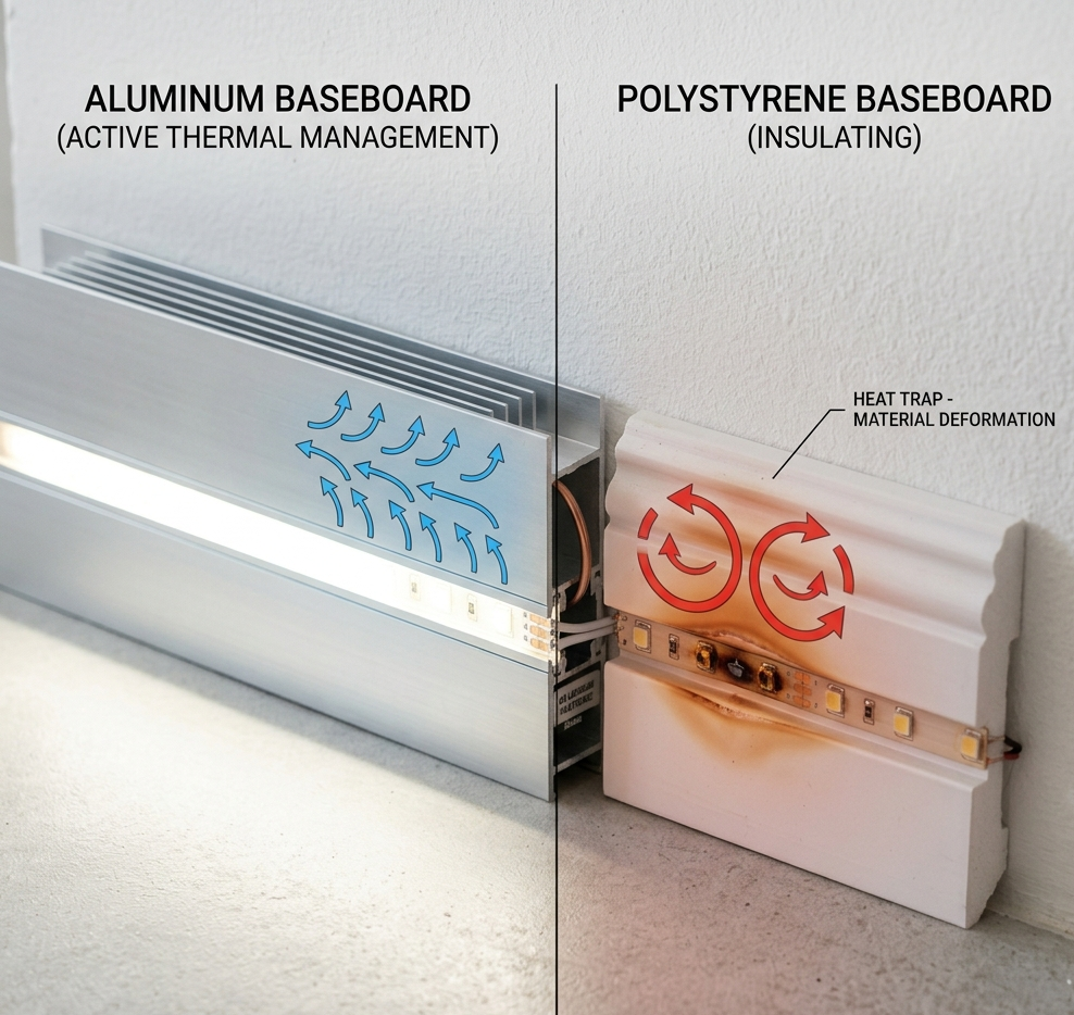Uma comparação técnica e visual entre rodapé de alumínio e rodapé de poliestireno com fita LED embutida. O lado esquerdo mostra um rodapé de alumínio (da Miresa, em São Paulo) com setas de dissipação de calor azuis e luz fria. O lado direito mostra um rodapé de poliestireno (isopor) superaquecido, com marcas de queimadura e setas de calor vermelhas, ilustrando o perigo de material isolante. A imagem destaca por que o alumínio é essencial para fitas LED.