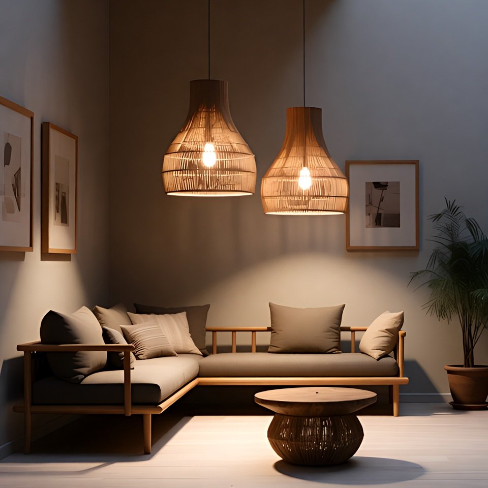 Sala de estar minimalista com decoração Japandi, apresentando um sofá seccional de madeira e dois pendentes de rattan acesos da loja Luminárias Miresa na Bela Vista, São Paulo.