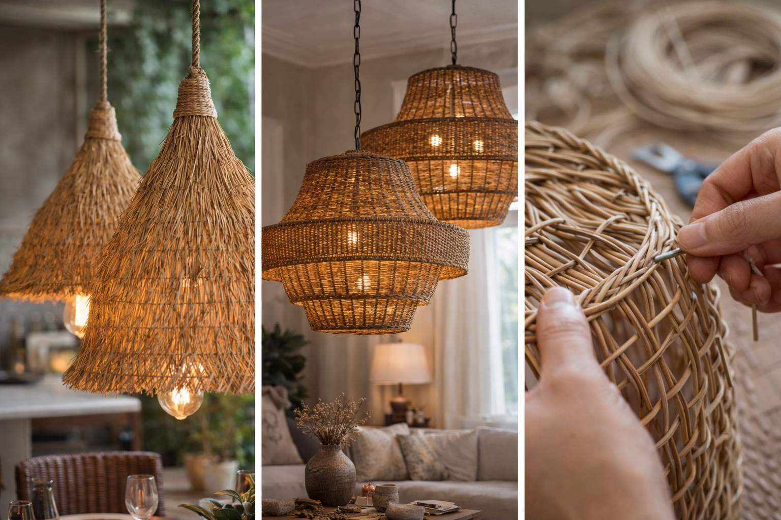 Tendências de iluminação natural com pendente de palha para varanda gourmet, lustre de vime grande e tecelagem de luminária rattan artesanal
