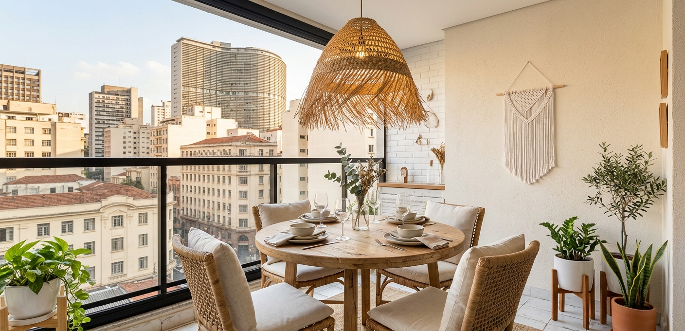 Fotografia de uma varanda gourmet miresa decorada em estilo minimalista boho chic. No centro, há uma mesa redonda de madeira com quatro cadeiras de ratã e um grande pendente de palha suspenso acima. A varanda possui um guarda-corpo de vidro com vista para o horizonte urbano de São Paulo, destacando o Edifício Copan. As paredes são brancas, com um macramê pendurado, e há diversas plantas em vasos no chão e em suportes. O piso é de azulejos brancos sobre um tapete de juta.