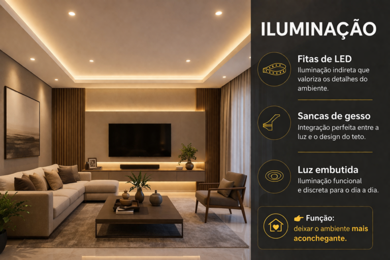 Sala de estar aconchegante com fitas de LED, sancas de gesso e iluminação embutida, criando ambiente moderno e sofisticado em São Paulo