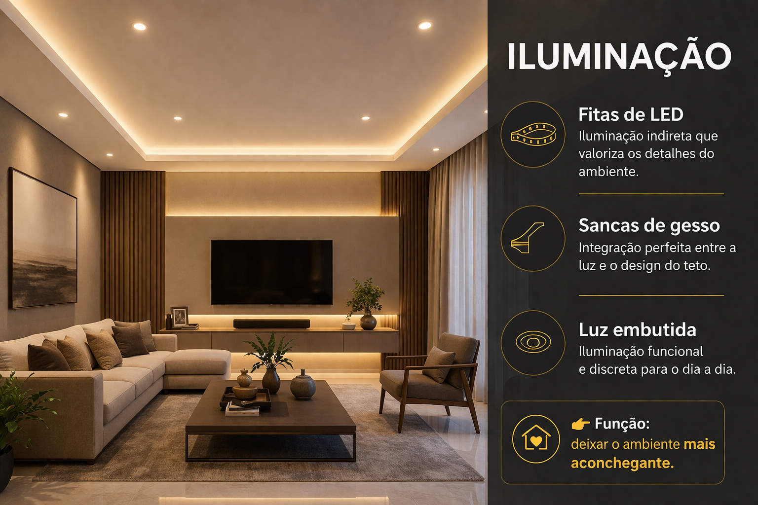 Sala de estar aconchegante com fitas de LED, sancas de gesso e iluminação embutida, criando ambiente moderno e sofisticado em São Paulo