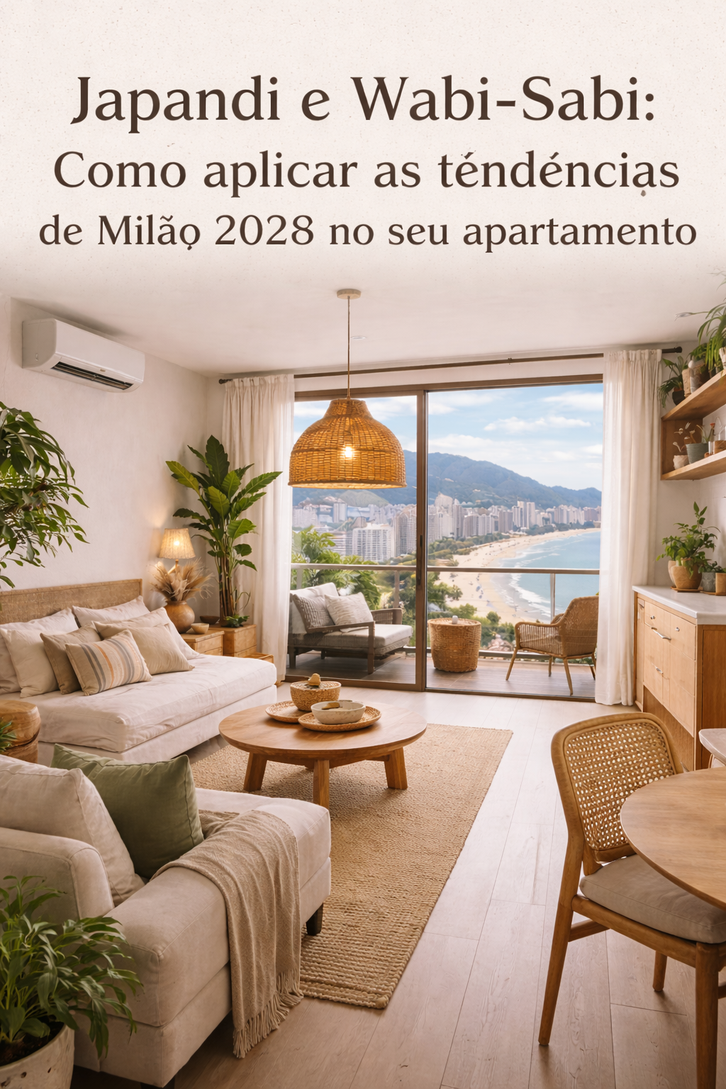 Decoração Japandi com luminária de bambu em apartamento moderno com vista para cidade litorânea, tendência Milão 2026